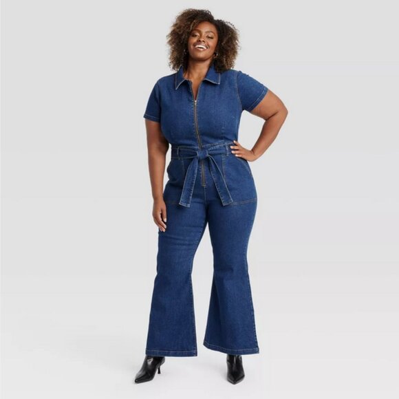 Women's Short Sleeve Denim Jumpsuit - Ava & Viv Dark Wash 22 - Picture 1 of 4